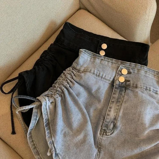 High Waist Drawstring Denim Shorts Women's Summer Thin Girl A-line Pants Comfortable Legging Long Short Pants Casual Wide Short Shorts