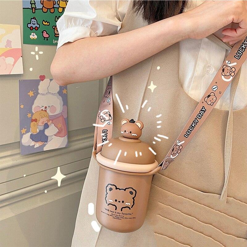 Korean Version of The Super Cute Cartoon Bear 316 Stainless Steel Thermos Cup Cute Girl Ins Strap Student Children's Cup