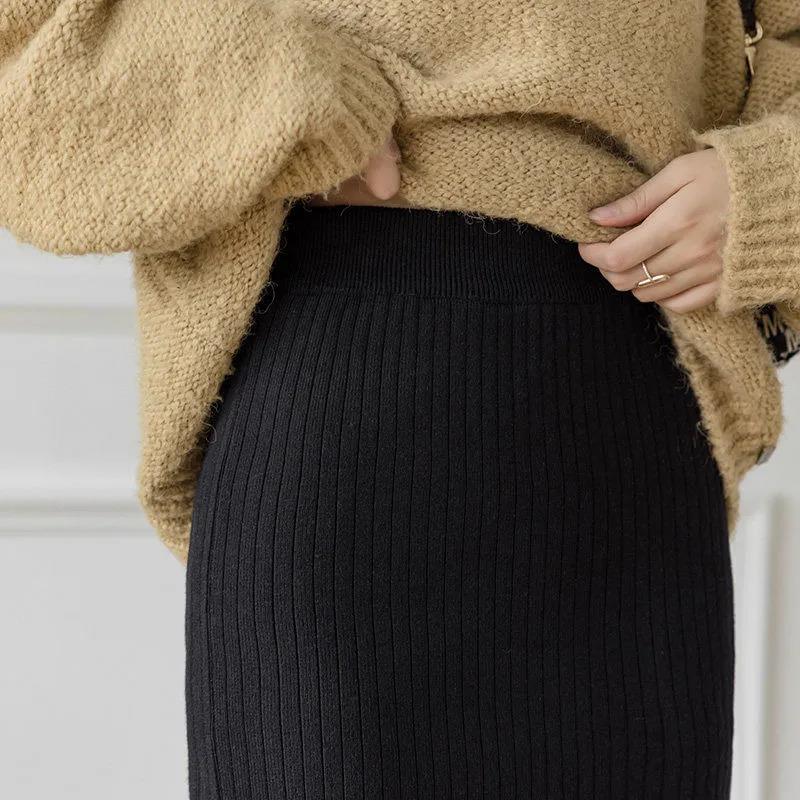 Both Sides Can Be Worn Pleated Split Knit Skirt Women's Autumn and Winter with Sweater Mid-length High Waist Bag Hip Skirt Mesh Skirt