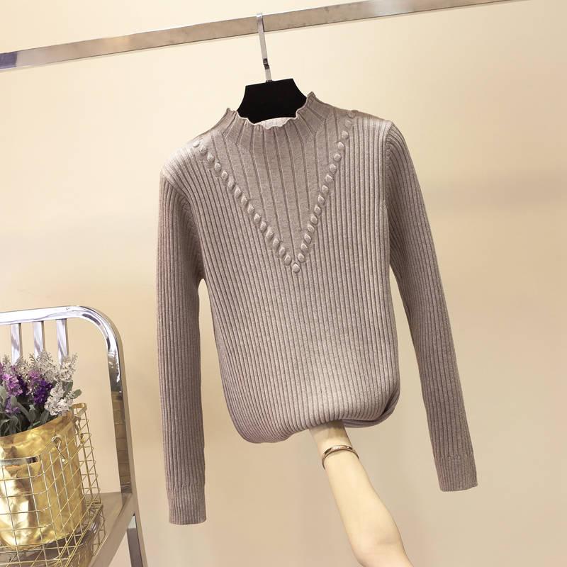 Half High Neck Women's Sweater Korean Fashion Plus Fleece Sweater Student Loose Thick Base Shirt
