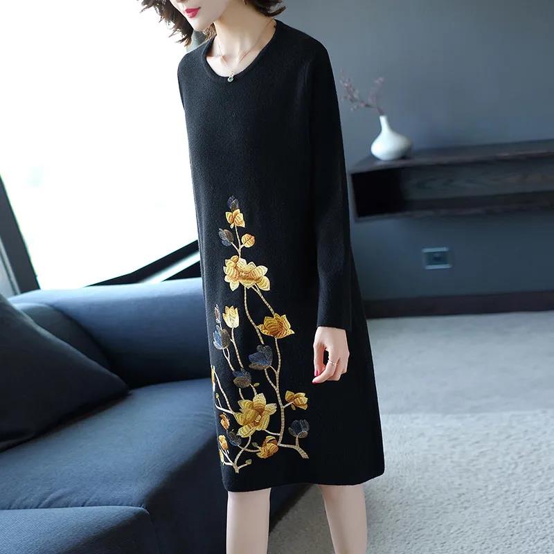 Women's Autumn Plus Size Non Plush Bottomed Dress Slim Mid-length Thickened Dress Loose Versatile Printed Warm Dress