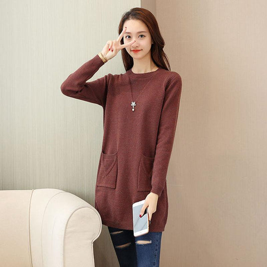 Autumn and Winter Thicker Loose Dress Mid-length Knitted Casual Bottoming Skirt Pure Color Simple Female Sweater Dress