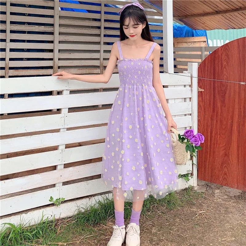 Mesh High Waist Small Daisy Suspender Skirt Small Fresh Dress Literary Retro Sweet First Love Dress Sleeveless Fairy Dress