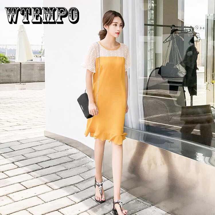 WTEMPO 2019 Summer New Large Size Loose Stitching Fishtail Dresses Lace Long Dresses Chiffon Female