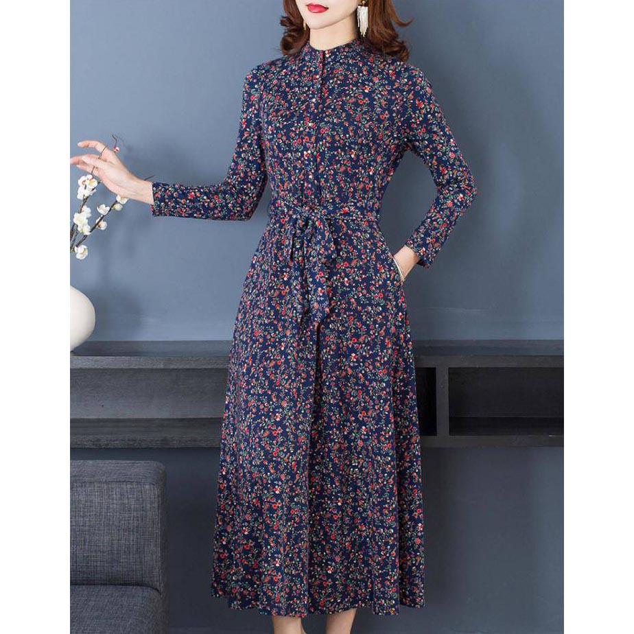 Autumn and winter stand-up collar long-sleeved waist slim dress long skirt floral skirt dress women