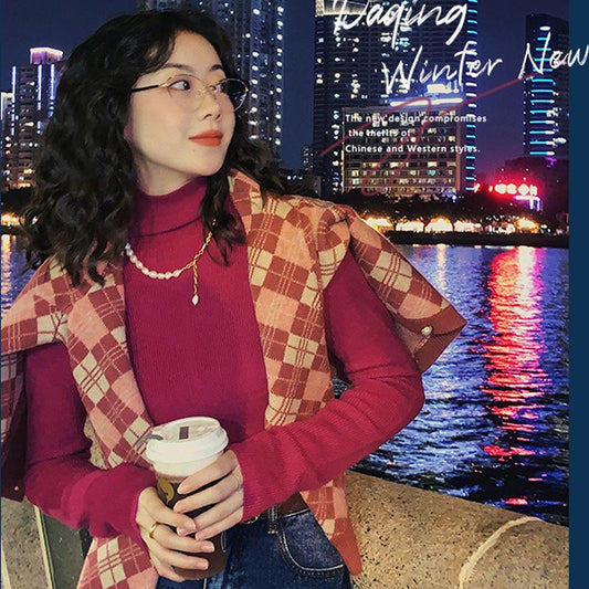 Hong Kong Style Classic Plaid Knitted Cardigan Women's Winter Lazy Style Thick Outer Wear Short Sweater Coat