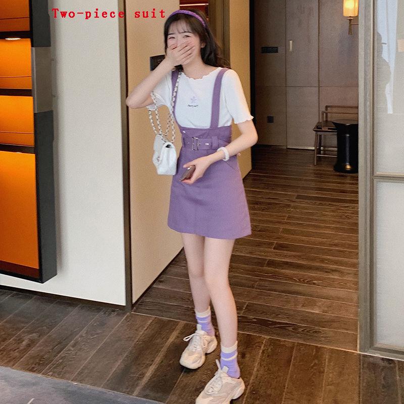 Summer Women Skirts 2020 Casual Purple Suspender Overall Vest Jumpsuit Braces Skirt Lady Preppy Style Skirt