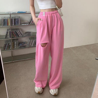 Summer Thin Straight Hole Casual Sports Pants Female Student Korean Version Loose and Thin Drape Mopping Trousers