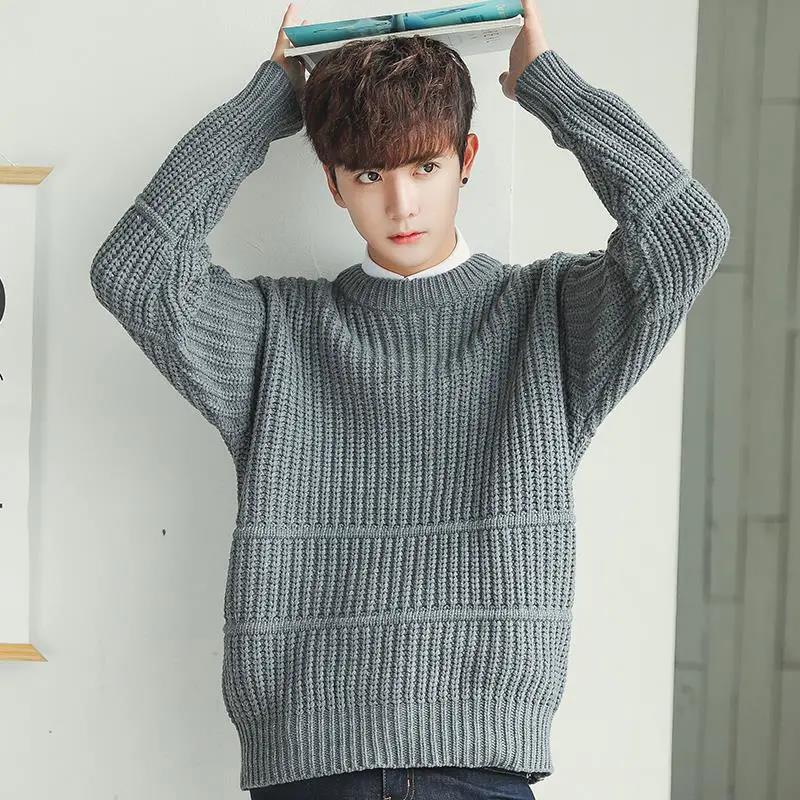 Fall Men's Sweater Trend Solid Color Loose Round Neck Sweater Men's Pullover Thick Line Long-sleeved Top
