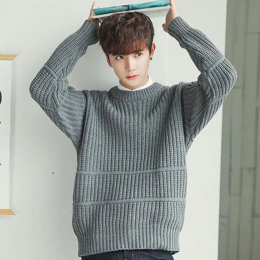 Fall Men's Sweater Trend Solid Color Loose Round Neck Sweater Men's Pullover Thick Line Long-sleeved Top