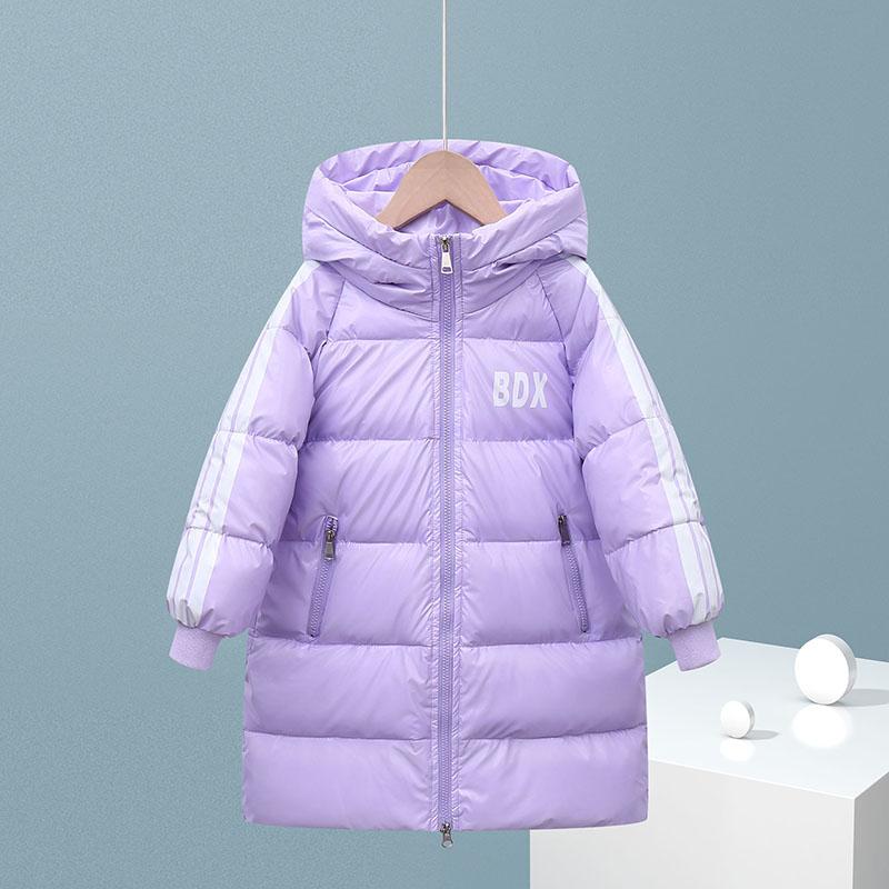 Children's White Duck Down Warm Down Jacket Mid-length Plus Velvet Padded Over The Knee Coat Winter