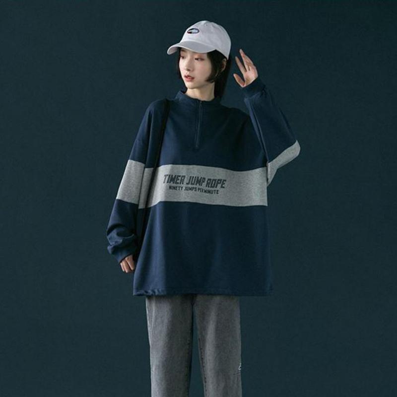Half Zipper High Neck Sweater Women Autumn Vintage Sports Style Korean Loose Pullover Coat