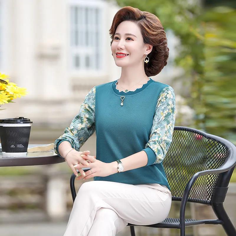 Spring and Autumn Mother Wear Long-sleeved T-shirt Top Women's Middle-aged Bottoming Shirt