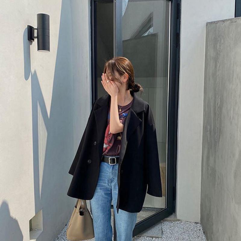 Women's Suit Jacket Korean Style Loose Spring  Autumn British Style Gray Short Suit Small Top