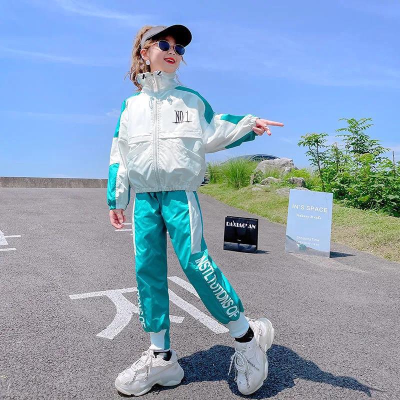 Girls Autumn Suit 2021 Korean Version Big Kids Color Matching Sports Zipper Shirt Two-piece Suit