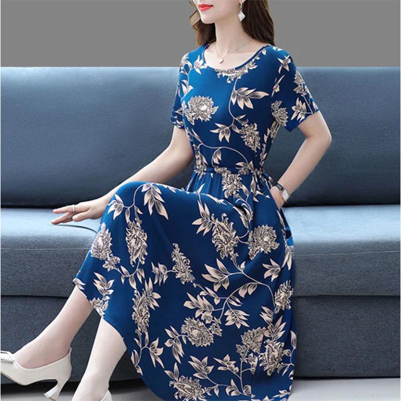 Mom's Cotton Silk Over-the-knee Dress Middle-aged and Elderly Women's Short-sleeved Pockets Mid-length Large Size Loose Floral Skirt