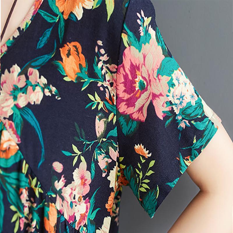 Oversized Retro Women's Cotton Loose Short-sleeved Floral Dress Loose Pleated Kaftan Robe