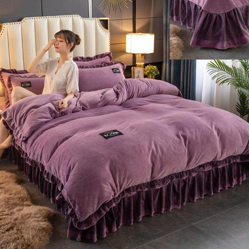 4pcs/set Korean Version of High-grade Milk Velvet Bed Linen Thickened Plus Velvet Warmth Pure Color Quilt Cover Large Bedding