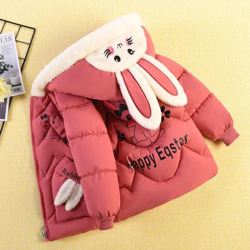 Colorful Winter Girl Rabbit Thickening Plus Down Jacket Foreign Style Cotton Coat Jacket Hooded Cute Cotton Jacket