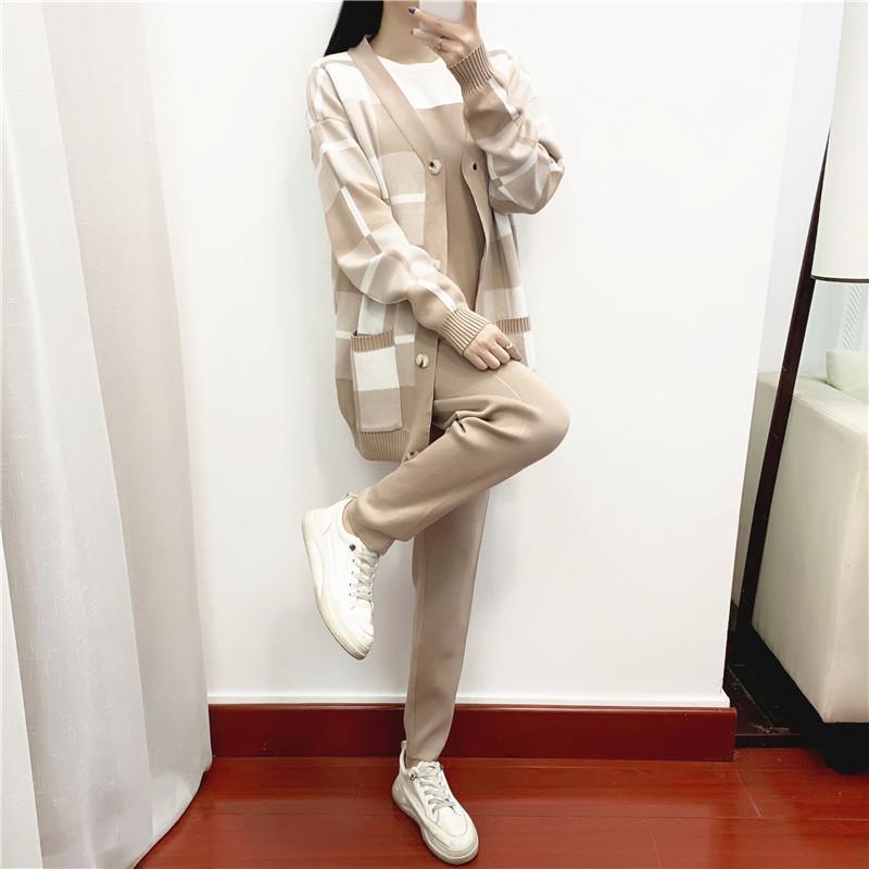 3pcs/set Knit Suit Women's Casual Plaid Knitted Cardigan +sweater + Knitted Harem Pants 3 Piece Set Ladies  Jogging Outfits Autumn Spring