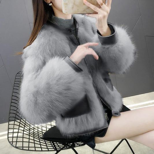 Women's Short Coat Stitching Fur with One Zipper Is Thin and Petite The Same Korean Version of Imitation Mink Fur Coat