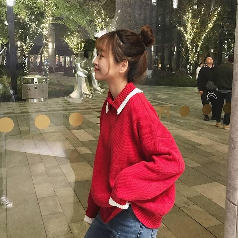 Autumn and Winter New Pullover Sweater Female Students Lapel Loose Long-sleeved Knit Bottoming Shirt