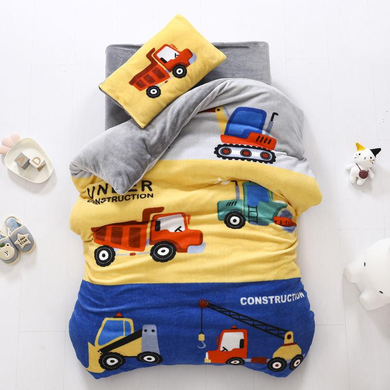 Children's Bed Set Autumn and Winter Double-sided Milk Velvet Three-piece Children Pillowcase Bed Sheet Duvet Cover Plus Velvet Soft Skin-friendly