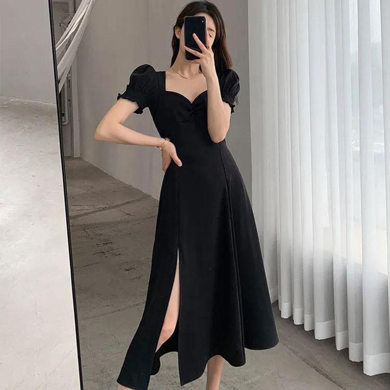 Women's Summer Solid Color Skirt Puff Sleeve Dress Square Collar Midi Skirt