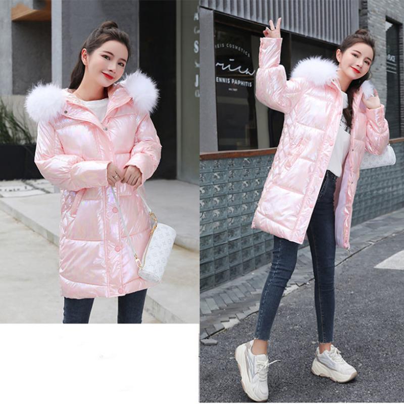 Women's Bright Face Hooded Down Jacket Mid-length Korean Loose Thick Coat Warm Cotton Coat Large Wool Collar Winter Quilted Coat