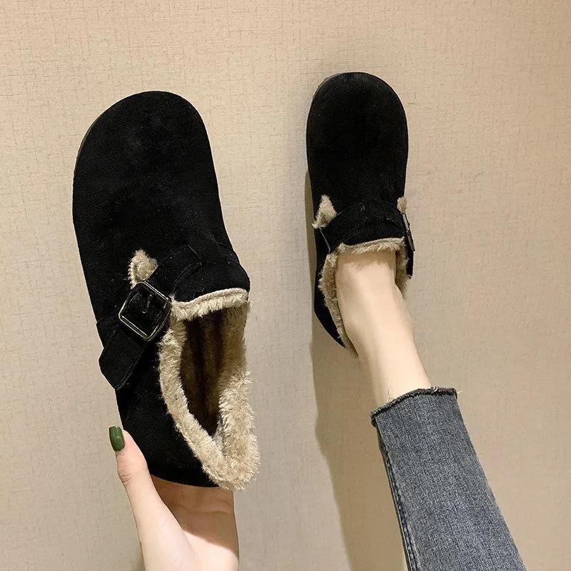 Winter Warm Cotton Shoes A Pedal Plus Velvet Flat Bottom All-match Cotton Scoop Shoes Doll Head Women's Shoes