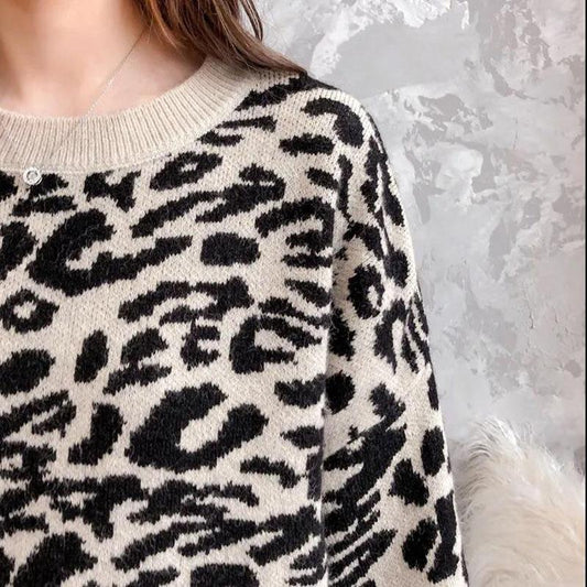 Autumn and Winter Ladies Sweater Leopard Print Knit Sweater, Oversized Casual Loose O Neck Knitwear Top