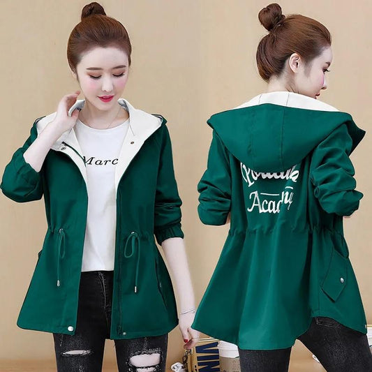Spring Hooded Windbreaker Coat Women's Mid-length Waist Tightening Korean Style All-match Loose Thin Coat Jacket