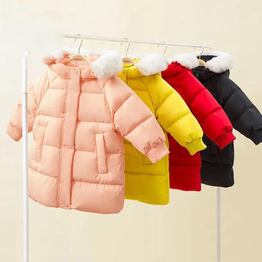 Children's Windproof Mid-length Girls' Warm Down Jacket Thickened Fur Collar Winter Coat