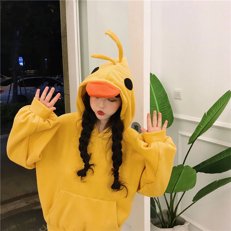 Fleece Thickening Funny Girl Little Yellow Duck Sweater Women's Hooded Pocket Jacket Solid Color Top