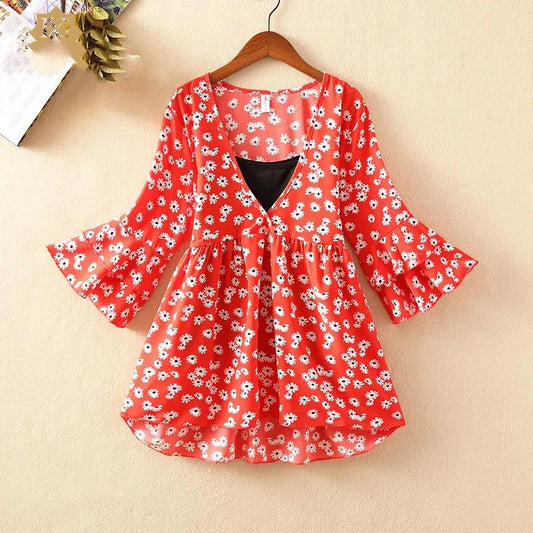 Floral chiffon shirt female summer student large size loose shirt short-sleeved top