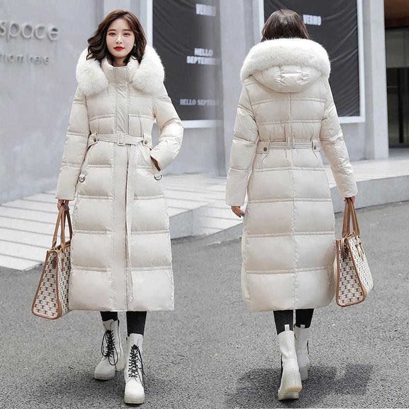 Long Down Jacket Fashion Fur Collar Waist Down Cotton-padded Jacket Over The Knee Thick Winter Padded Jacket Suitable for Women