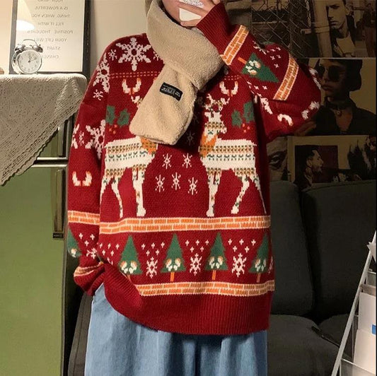 Christmas Sweater Autumn and Winter All-match In The Same Color Retro Outer Wear Sweater Couple Wear Men's Sweater