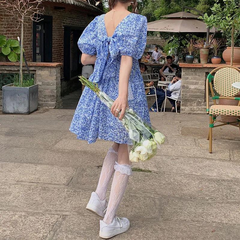 Women's Summer Dress Round Neck Floral Puff Sleeve Loose Skirt