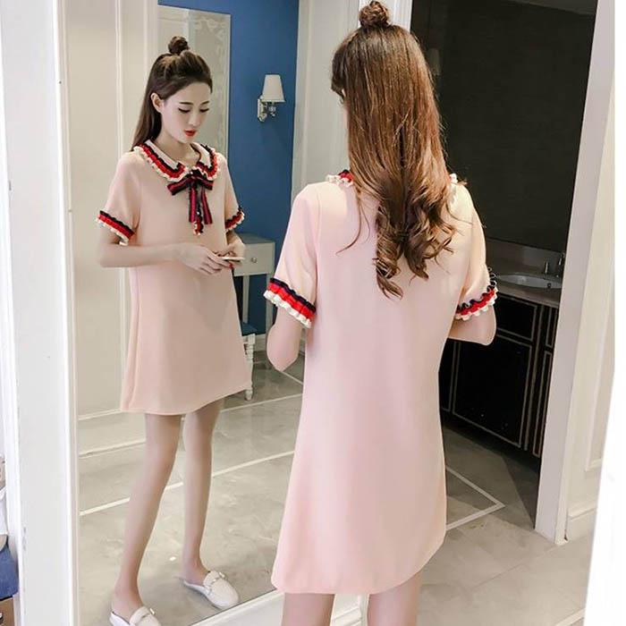 Pofulove S-4XL Women Summer Short-sleeved Bow A-line Dress Student Slim Long O-neck T-shirt Dress
