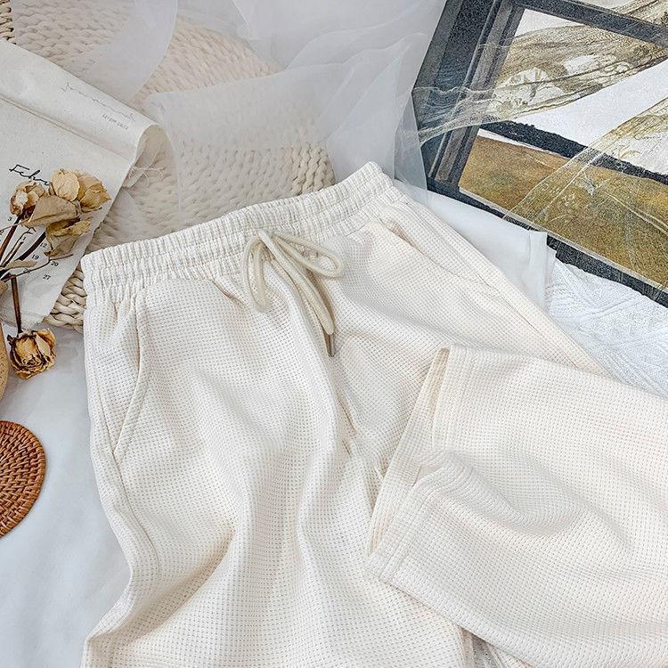 Waffle Elastic High Waist Casual Pants Autumn and Winter Women's Korean Style Loose Drape Wide Leg Trousers Show Leg Length Sports Jogging Pants