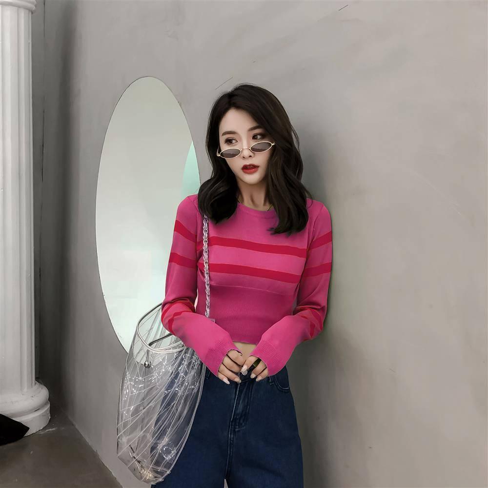 Pofulove Sexy Slim Waist Round Neck Pullover Short Striped Sweater Women Open Navel  Knitwear
