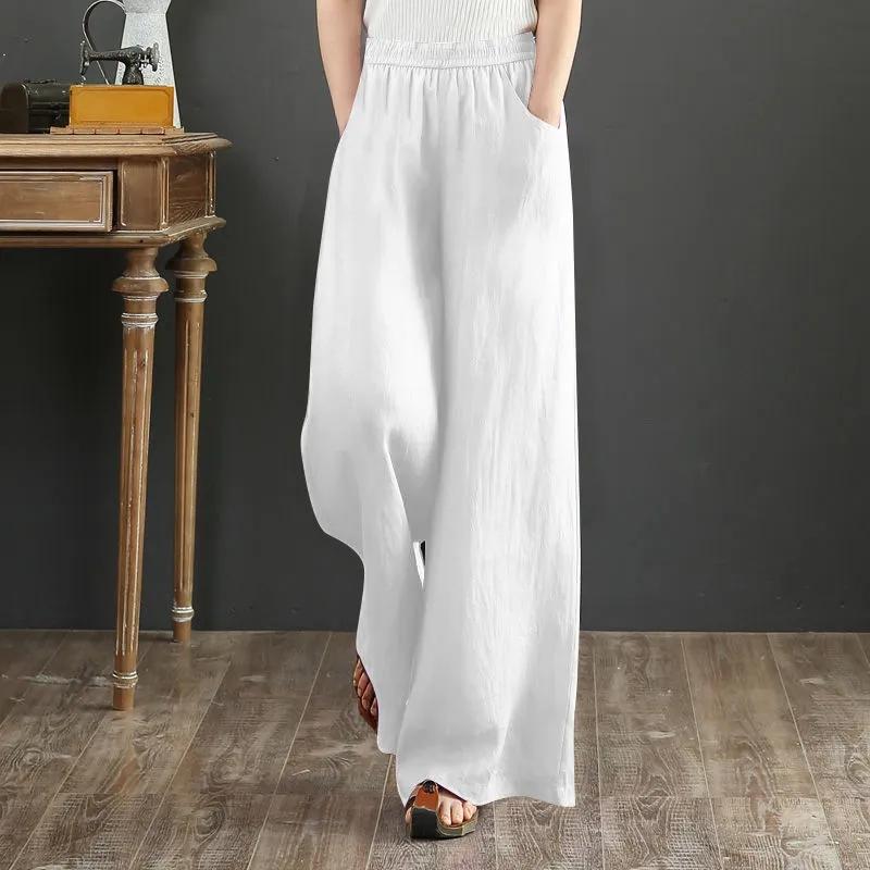 Retro Literary Loose Cotton and Linen Trousers Women's Large Size Elastic Waist Wide Leg Pants Large Trouser Legs Skirt Pants