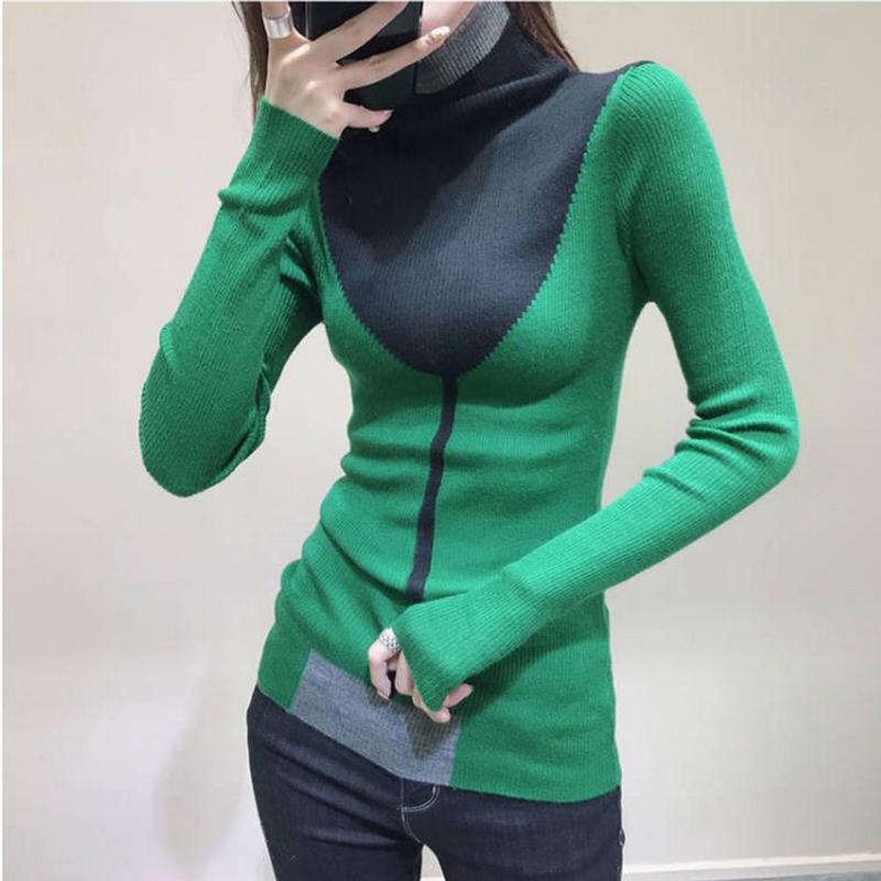 Pofulove Winter Women Knitted Turtleneck Sweater Jumper Slim contrast color Pullovers long sleeves