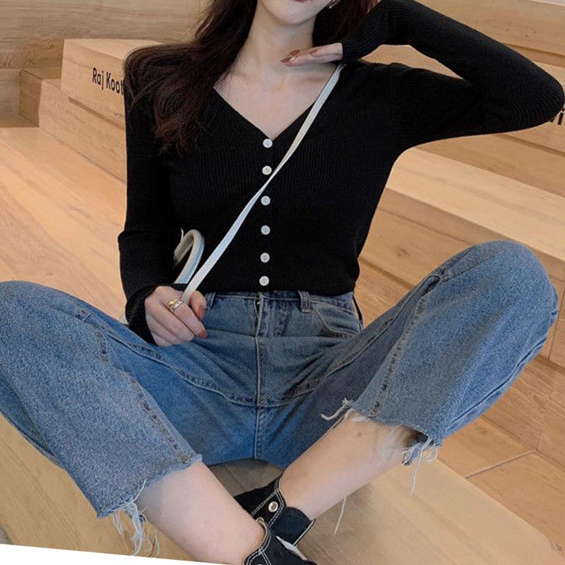 V-neck Solid Color Button Long-sleeved Knitted Bottoming Shirt Tops Women Spring and Autumn New Slim All-match Cardigan Casual Jacket