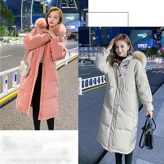 Hooded Down Jacket Women Long Thick White Duck Down Jacket with Real Fox Fur Collar Warm Winter Coat