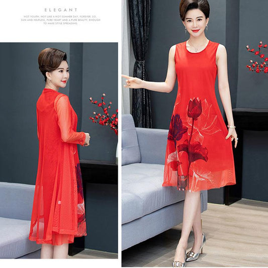 Chiffon Shirt + Dress 2pcs Suit  Women's Sun Protection Clothing Sun-Dress Mid-length Plus Size Shawl Loose Outer Chiffon Cardigan Thin Coat Beach