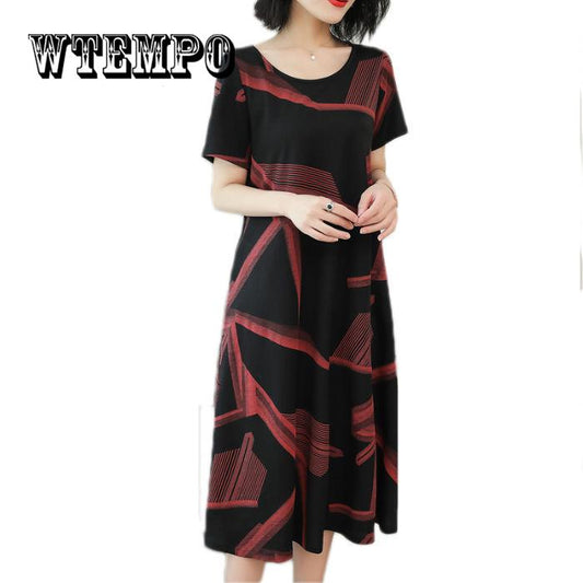 Dress Women Casual Patchwork 1/2 Sleeved Cotton Linen Oversize Loose Dress Clothing Party Dress