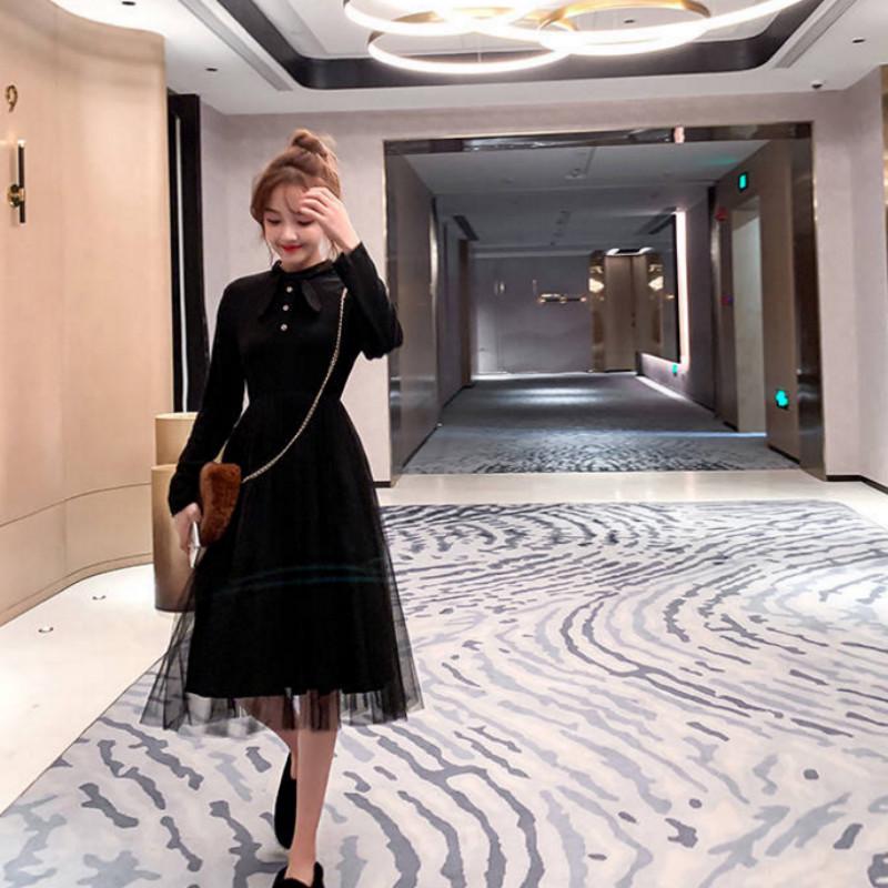 Pofulove Bottoming Black Skirt Ladies Super Fairy Mesh Stitching Dress Plus Velvet Midi Fairy Skirt