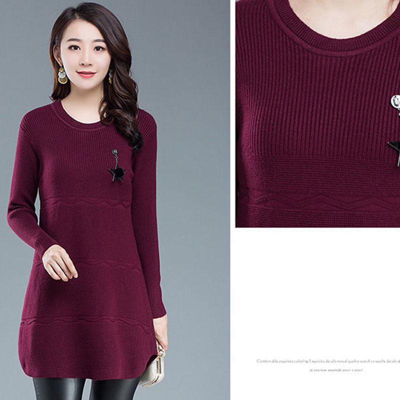 Autumn Winter Knit Casual Dress In Pure Color Long Sleeve Bottom Skirt Simple Middle-aged Women Wool Dress