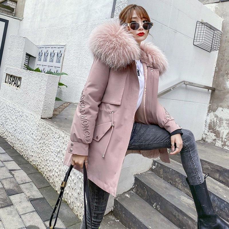 Pai Overcome Female Winter Big Fur Collar New Student Rex Rabbit Fur Liner Embroidery Mid-length Fur Coat